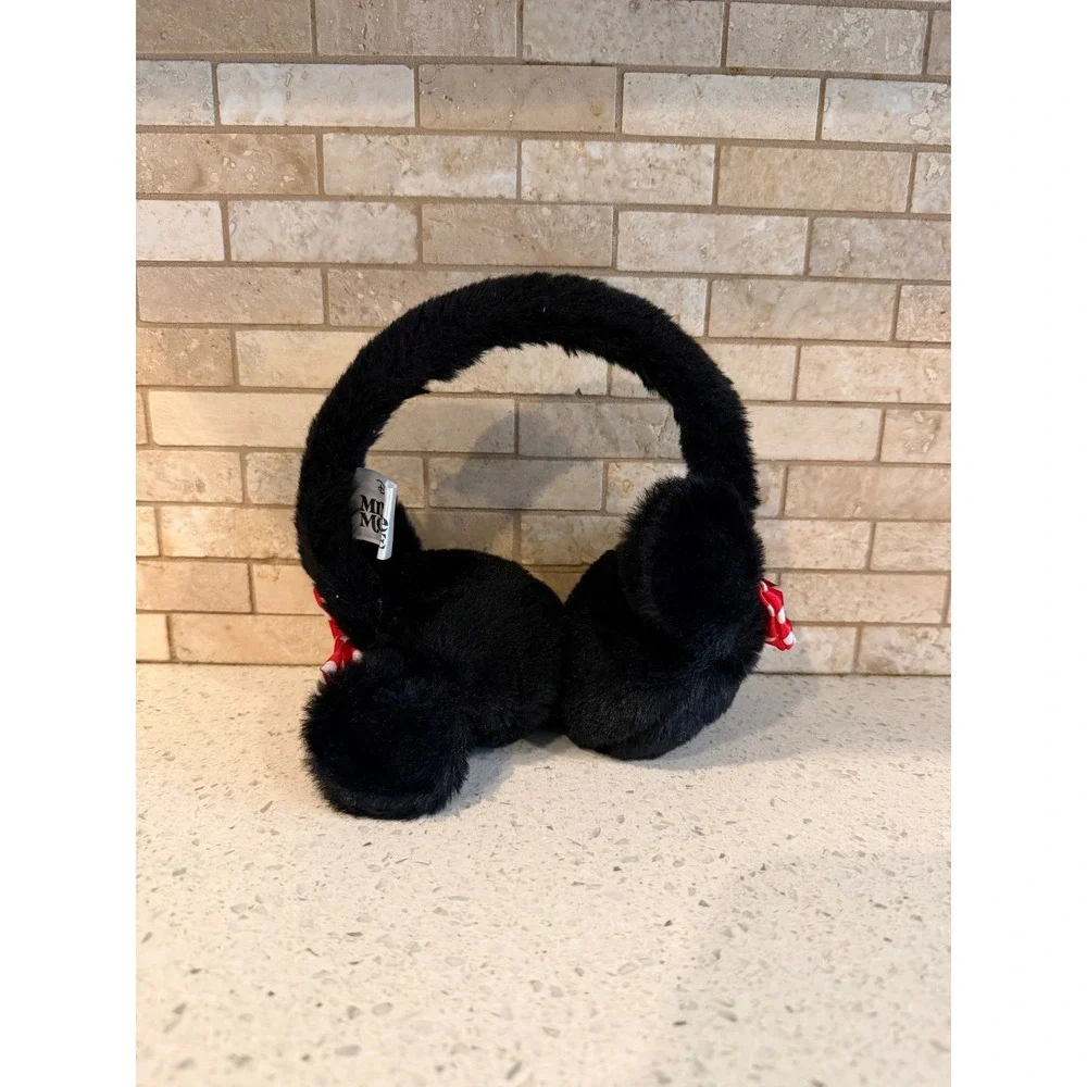 Disney Parks Minnie Mouse Earmuffs Plush Faux Fur Side Bows Black Red OSFM
